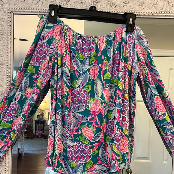 LILLY PULITZER Lana Off the Shoulder Top Maldives Green Turtle Wave Size XL - Picture 11 of 11